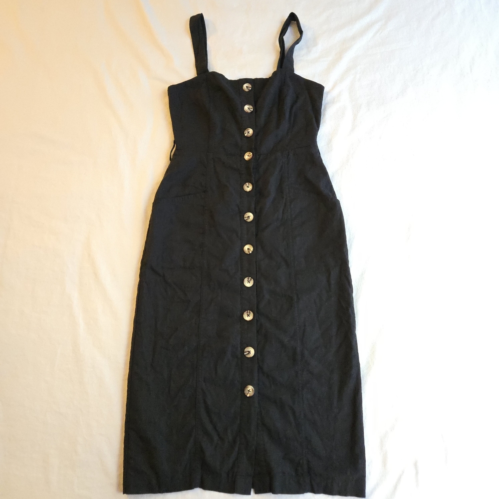 Forever 21 Linen Blend Black Button Front Midi Dress